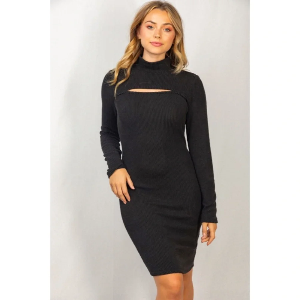 CLEARANCE Black Ribbed Mock Neck Long Sleeve Cut Out Neckline Sexy Dress - Picture 3 of 5